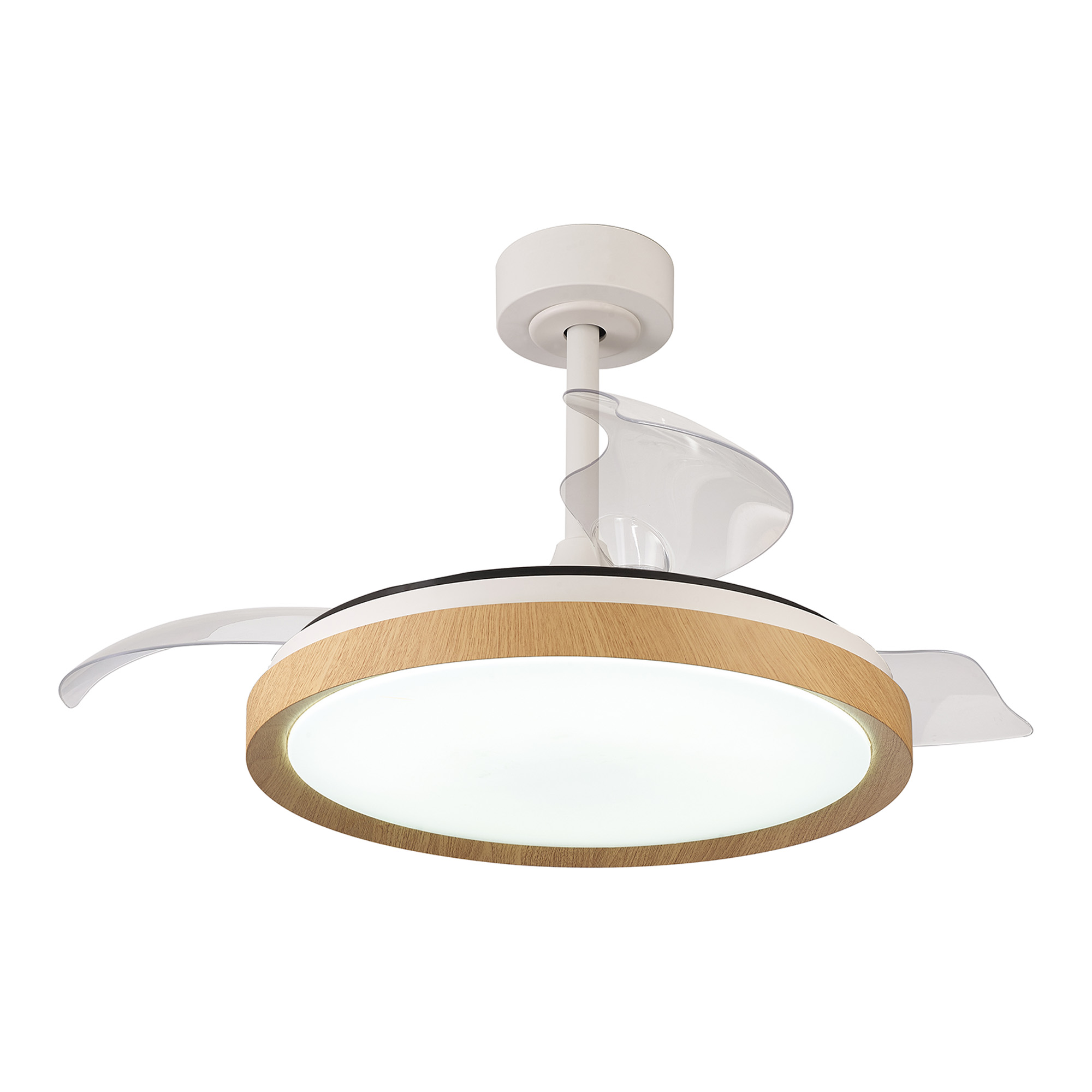 M8827  Mistral 50W LED Dimmable Ceiling Light With Built-In 30W DC Fan, 2700-5000K Remote Control, Wood